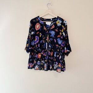 By Anthropologie Josie Dolman Sleeve Top Black Floral Size S